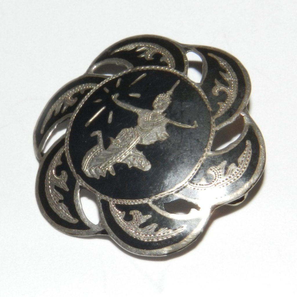 Vintage Siam Sterling Thailand Pendant Brooch Black Niello Enamel Signed
